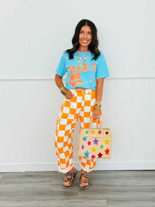 Orange Checkered Print Barrel Pants (Reg. and Plus)