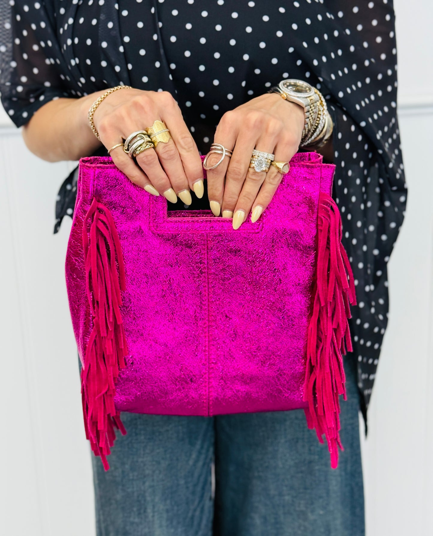 Italian Leather Metallic Crossbody Fringe Bag (2 colors)