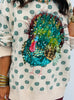 Queen Of Sparkles Beige & Green Flower Print Feather Turkey Sweater (Reg. and Plus)