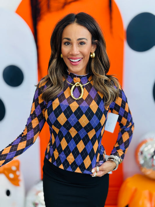 Purple/Orange Argyle Print Mesh Top (Reg. and Plus)