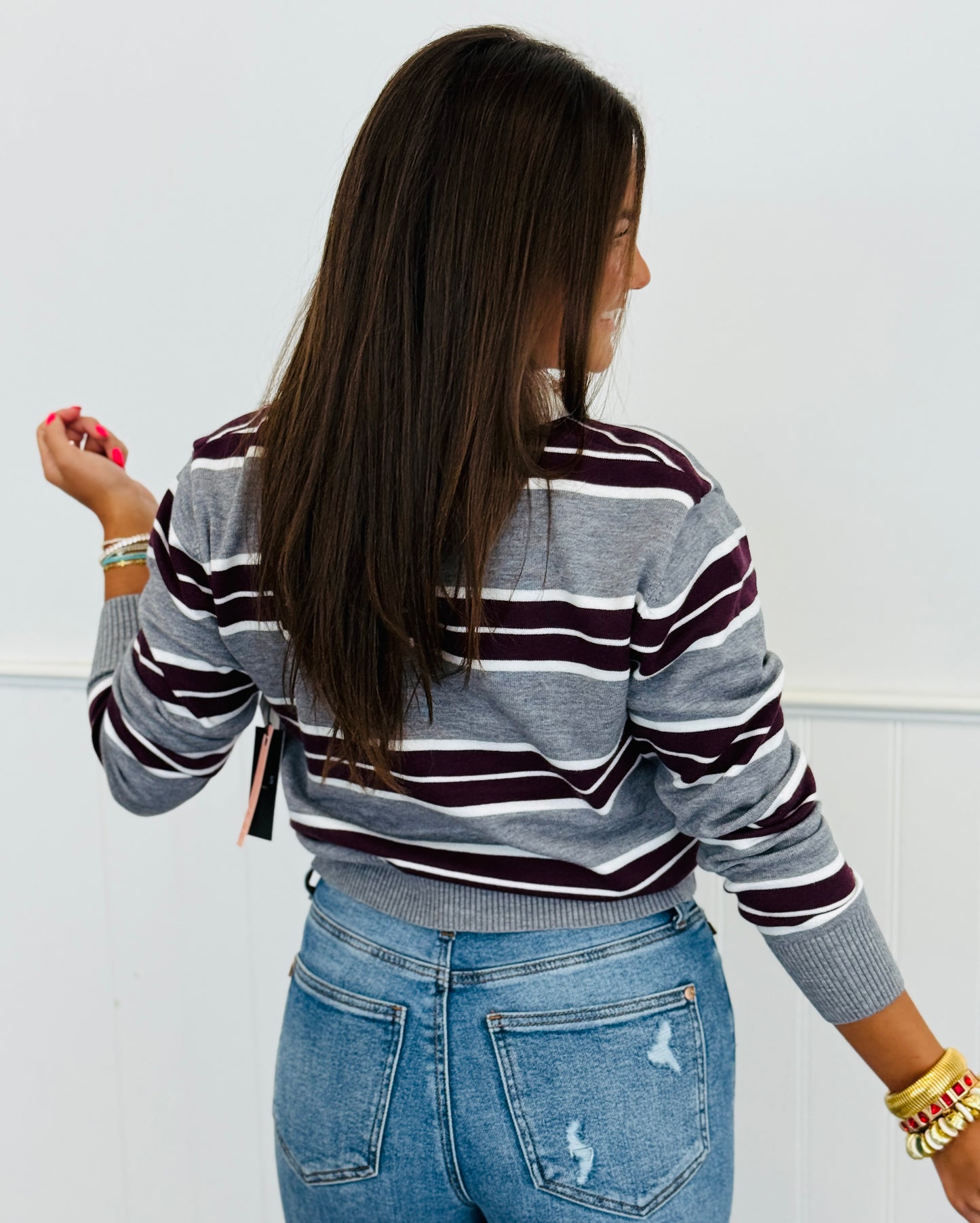 Contrast Collar Stripe Sweater Top (Reg.) - 3 Colors