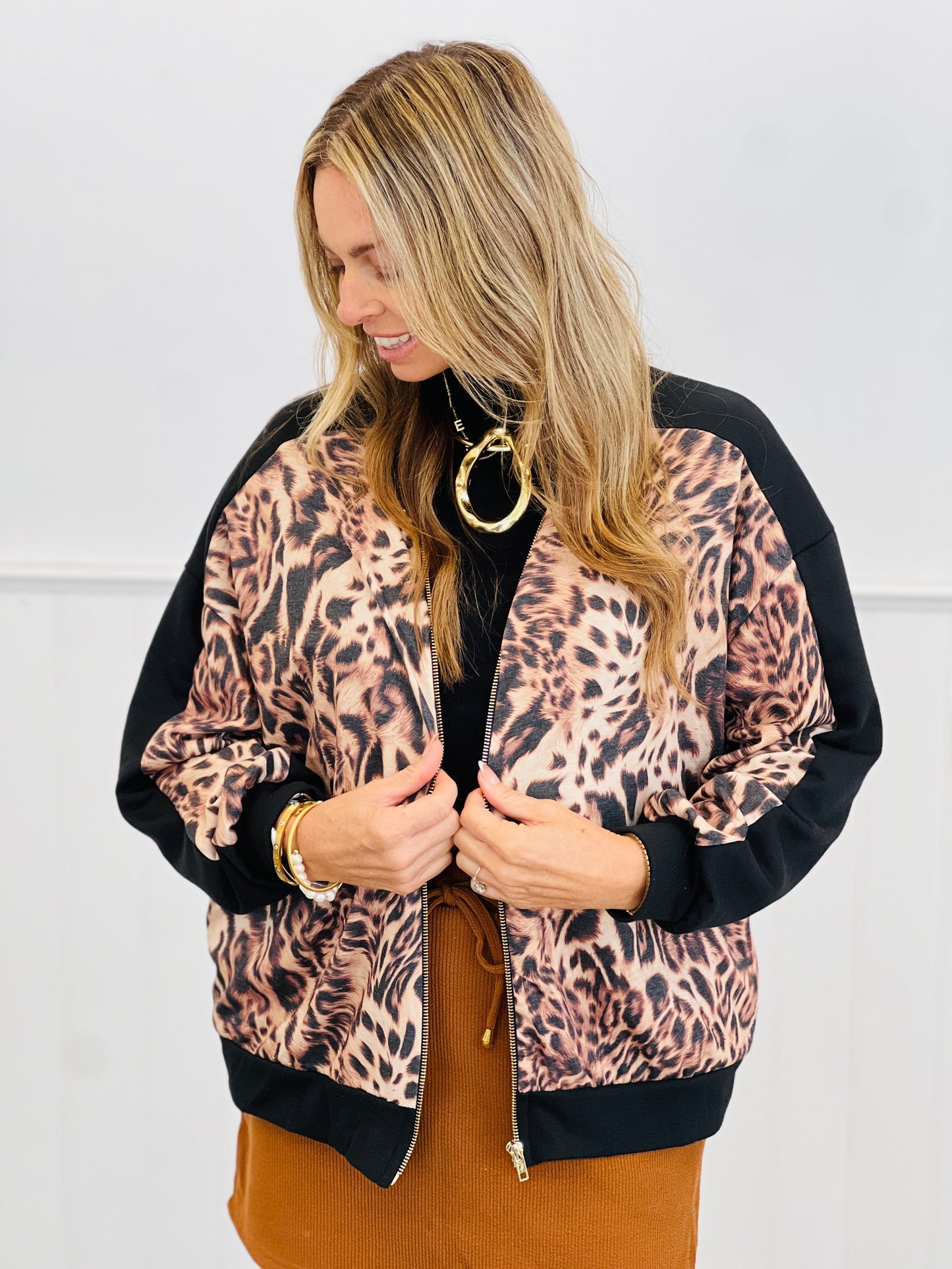 Leopard Relaxed Fit Zip Up Shacket (Reg. and Plus)