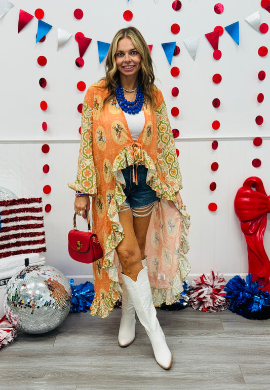 Western Print Ruffle Longline Cardigan (Reg.)