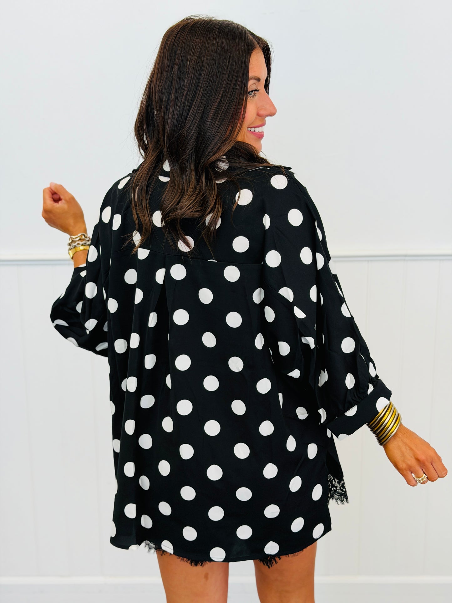 After Dark Polka Dot Sloane Button Up Top (Reg. and Plus)
