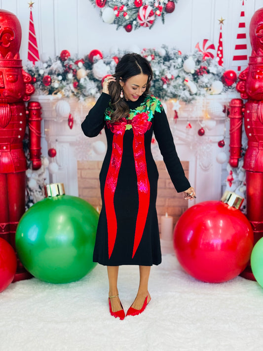 Queen Of Sparkles Black, Green & Red Sequin Wreath Midi Dress (Reg. and Plus)