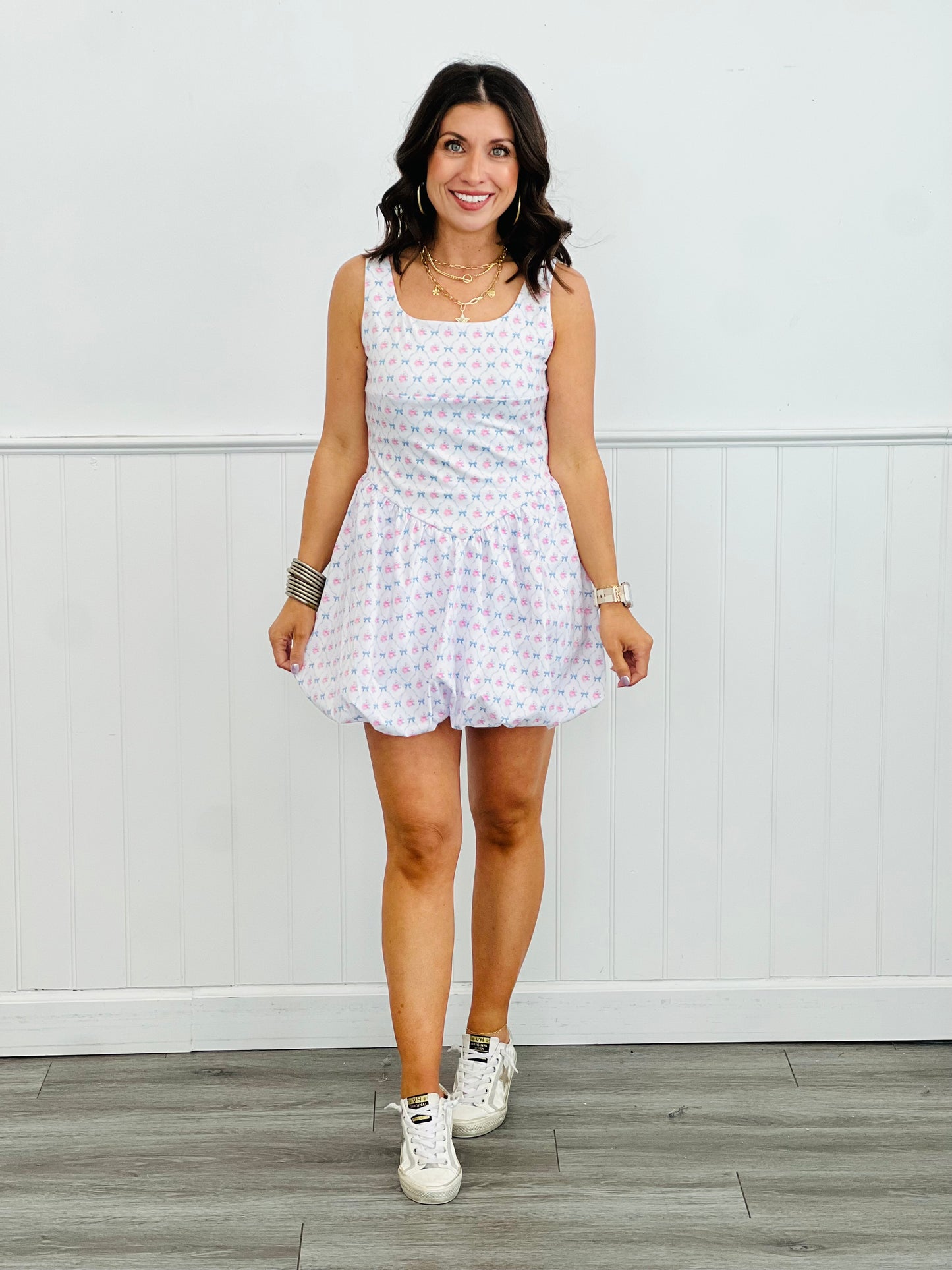 White/Pink Floral Bow Bubble Hem Mini Dress (Reg.)