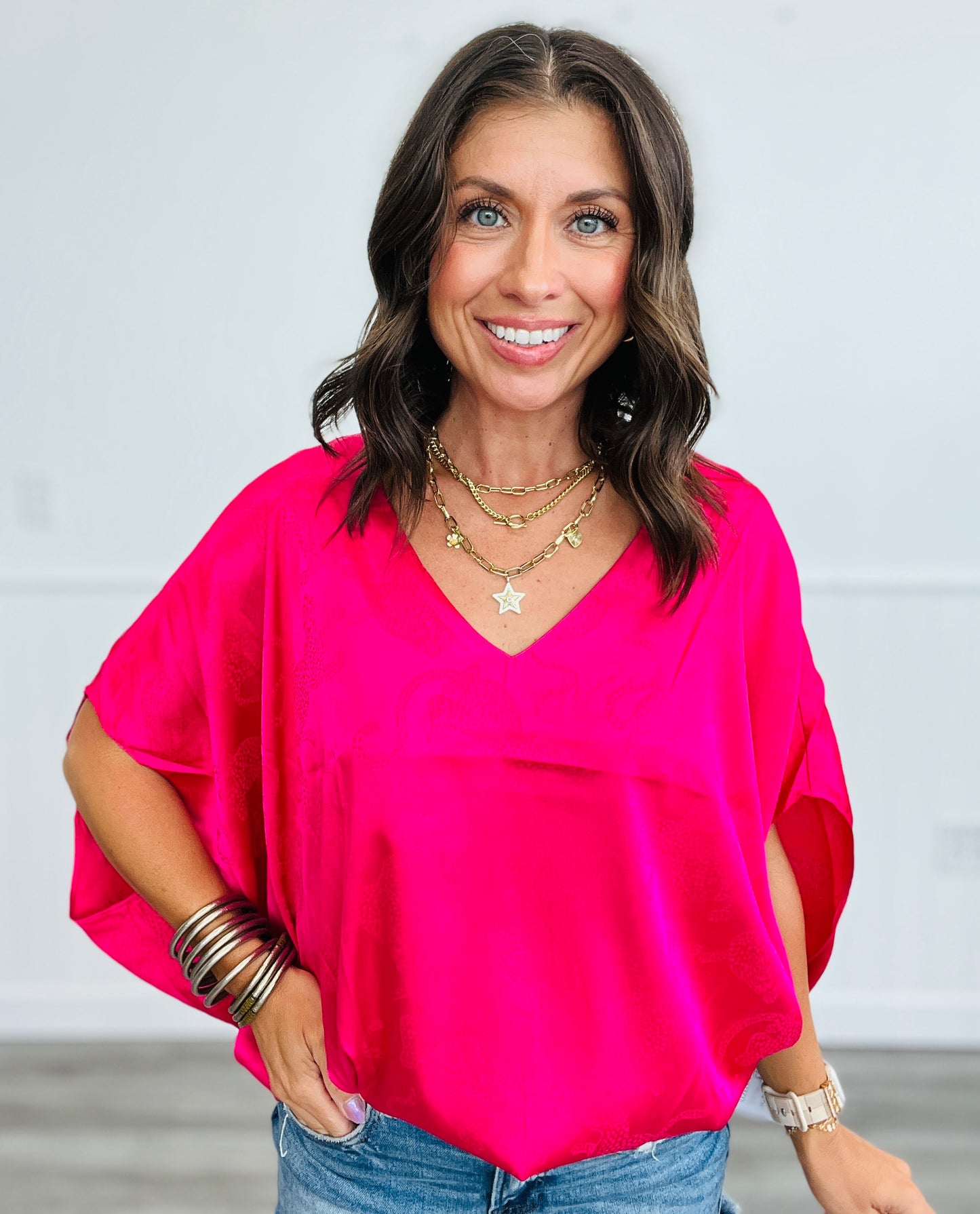 Satin Jacquard Print Bubble Hem Top (Reg. & Plus)- 3 Colors
