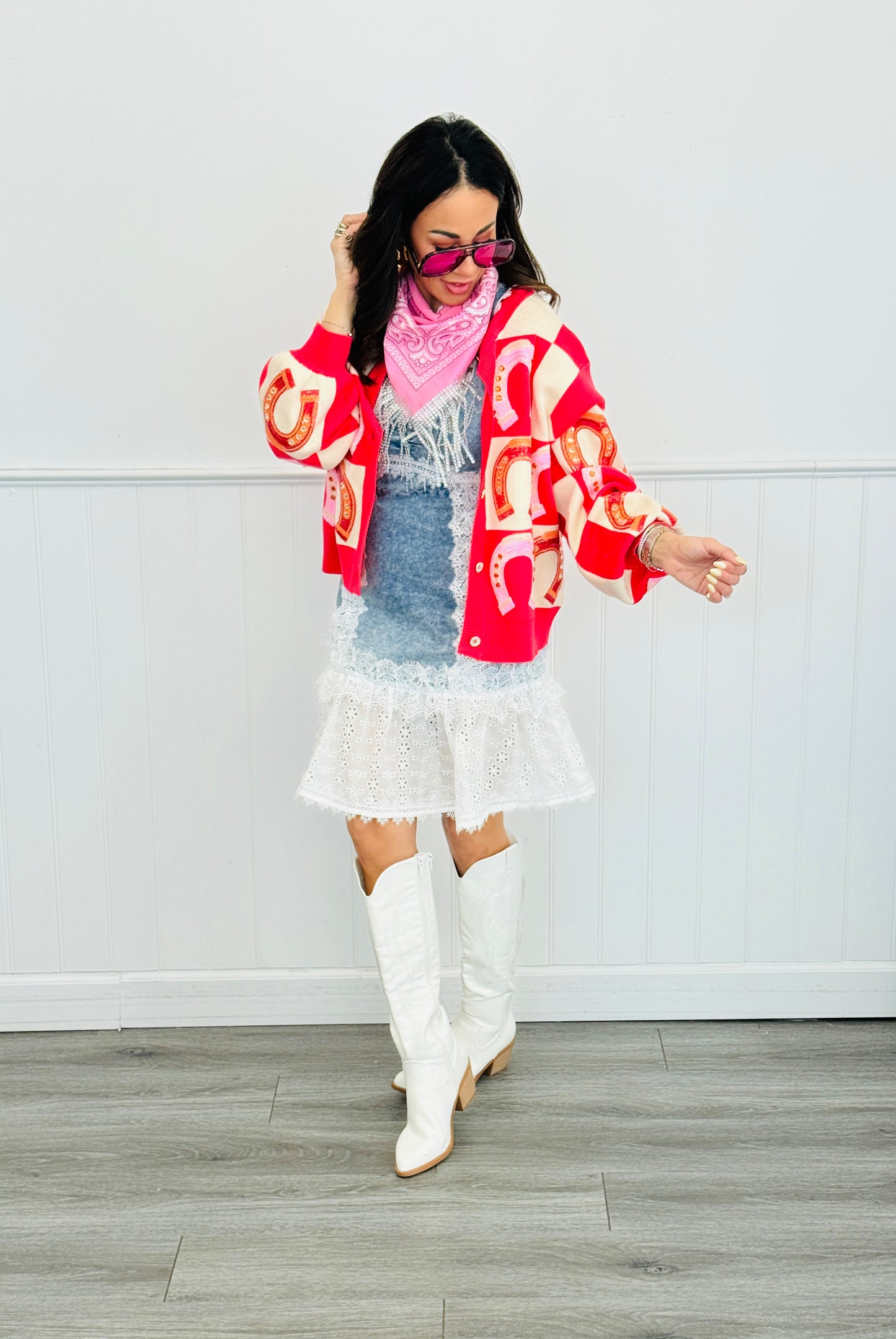 Queen Of Sparkles Hot Pink Checkered Horseshoe Button Up Cardigan (Reg. & Plus)