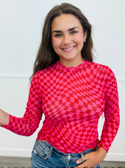 Red/Pink Checker Mesh Long Sleeve Top (Reg & Plus)