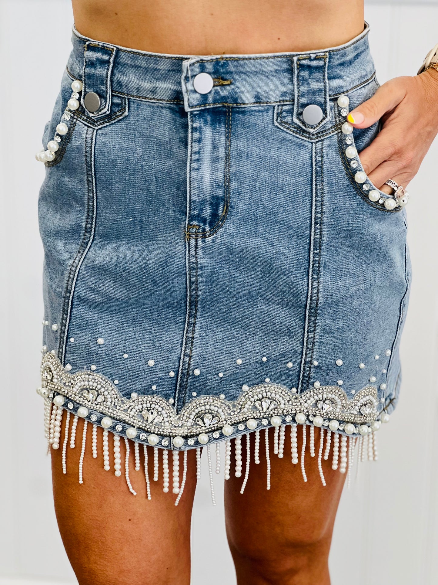 Pearl Embellished Denim Fringe Skirt (Reg.)