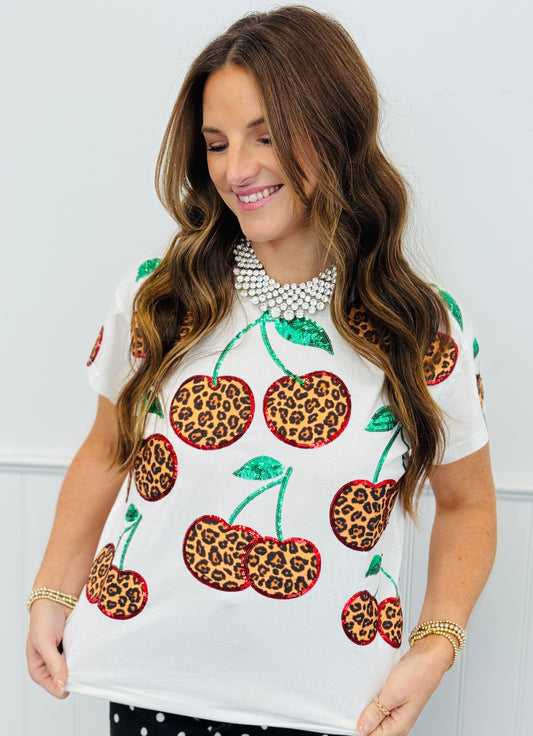 Queen Of Sparkles White Leopard Print Cherry Tee (Reg. and Plus)