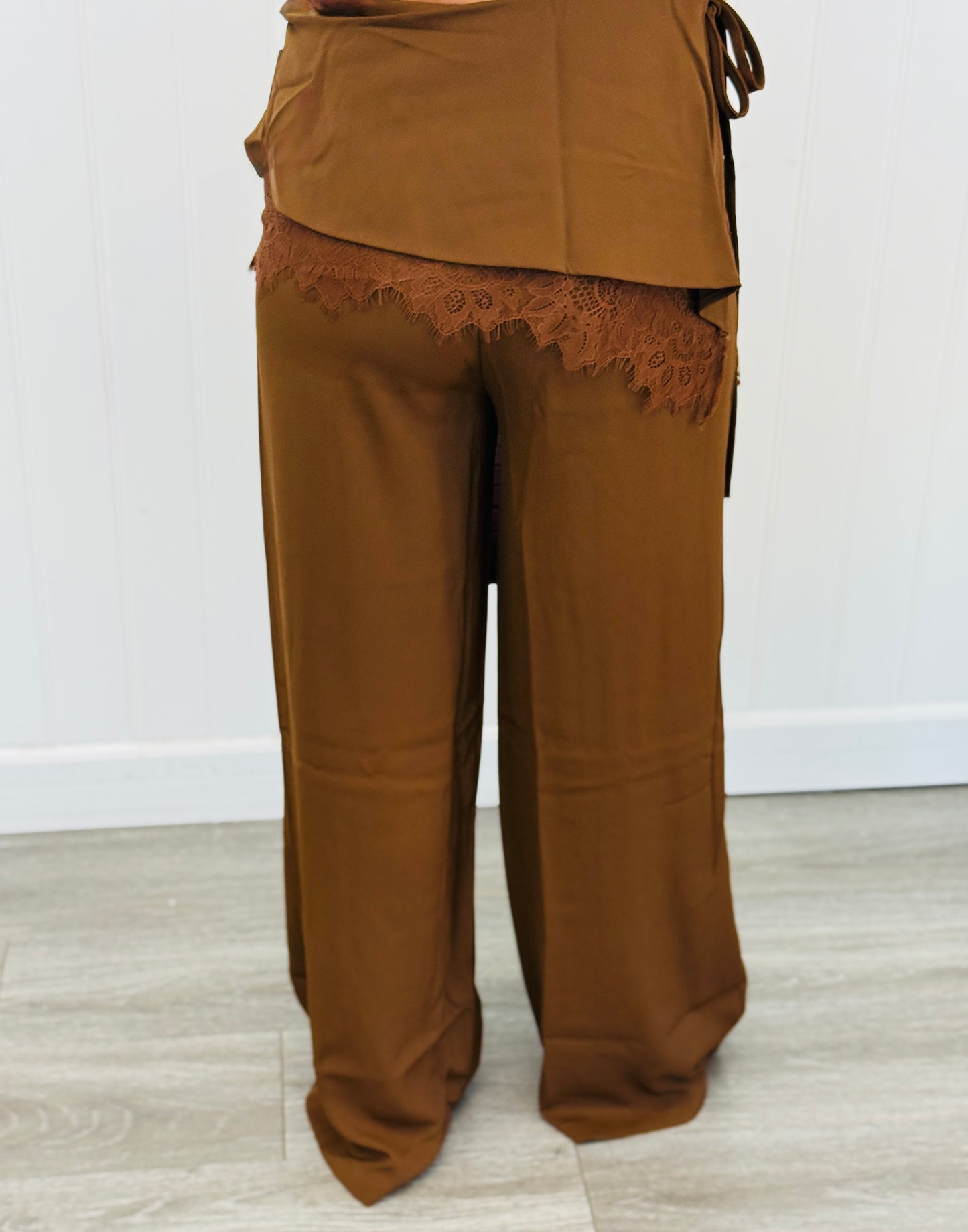 Brown Lace Trim Front Wrap Detail Pants (Reg.)