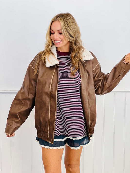 Brown Faux Leather Shearling Collar Jacket (Reg.)