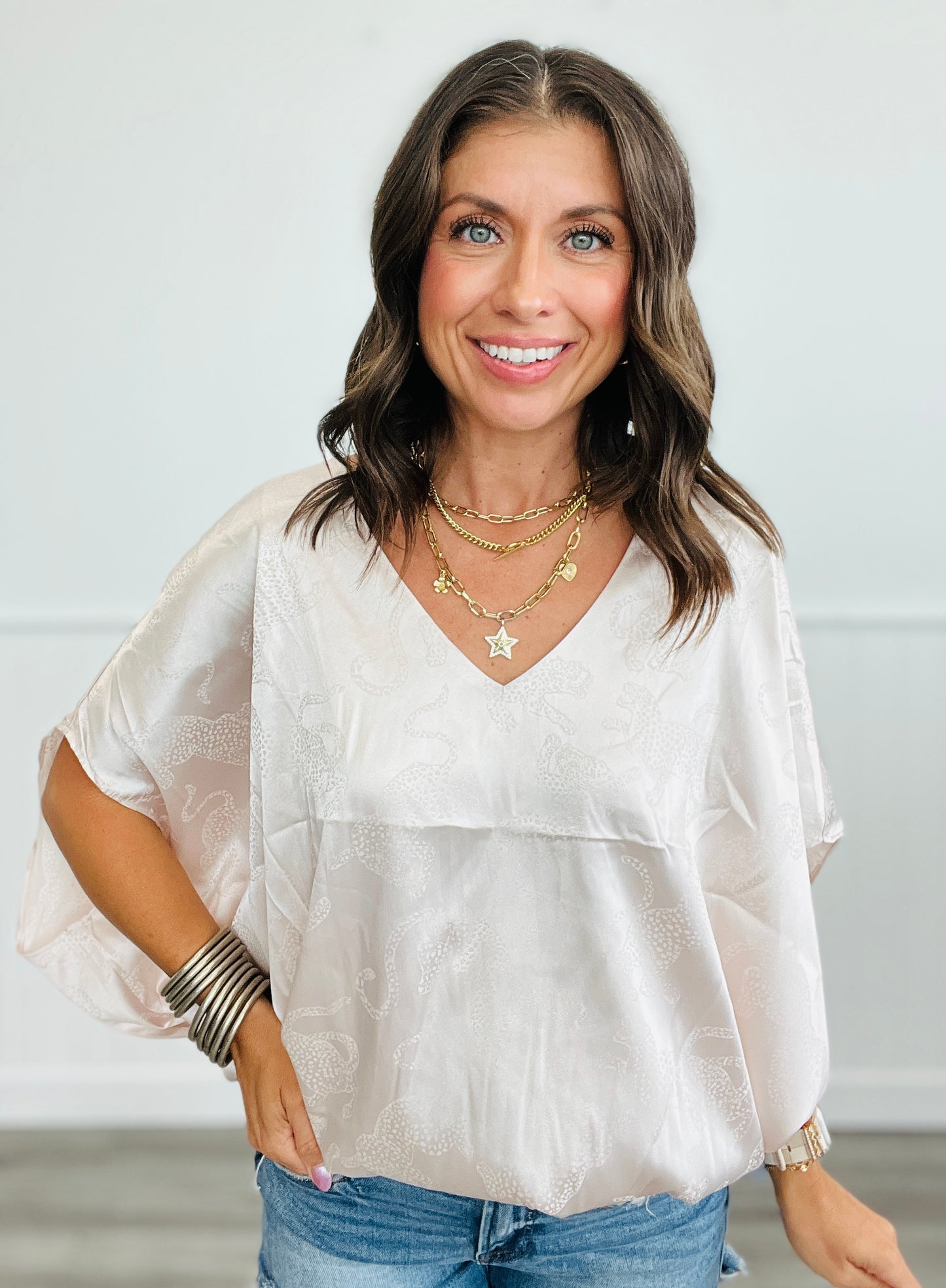 Satin Jacquard Print Bubble Hem Top (Reg. & Plus)- 3 Colors
