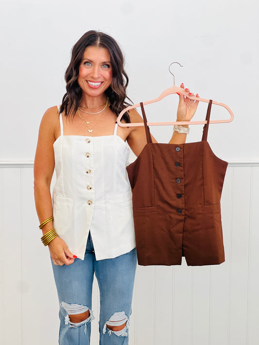 Strappy Linen Blend Button Down Top (Reg.)-2 Colors