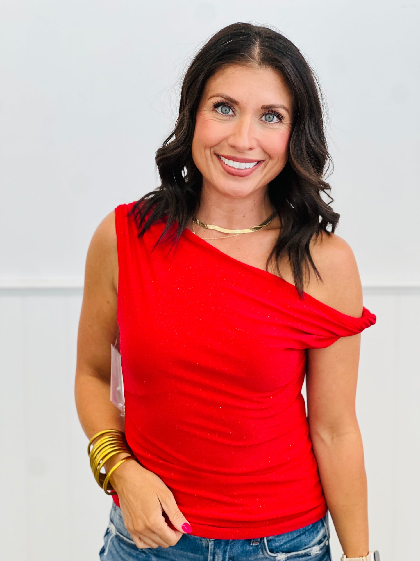 Glitter One Shoulder Fitted Top (Reg.) - 6 Colors