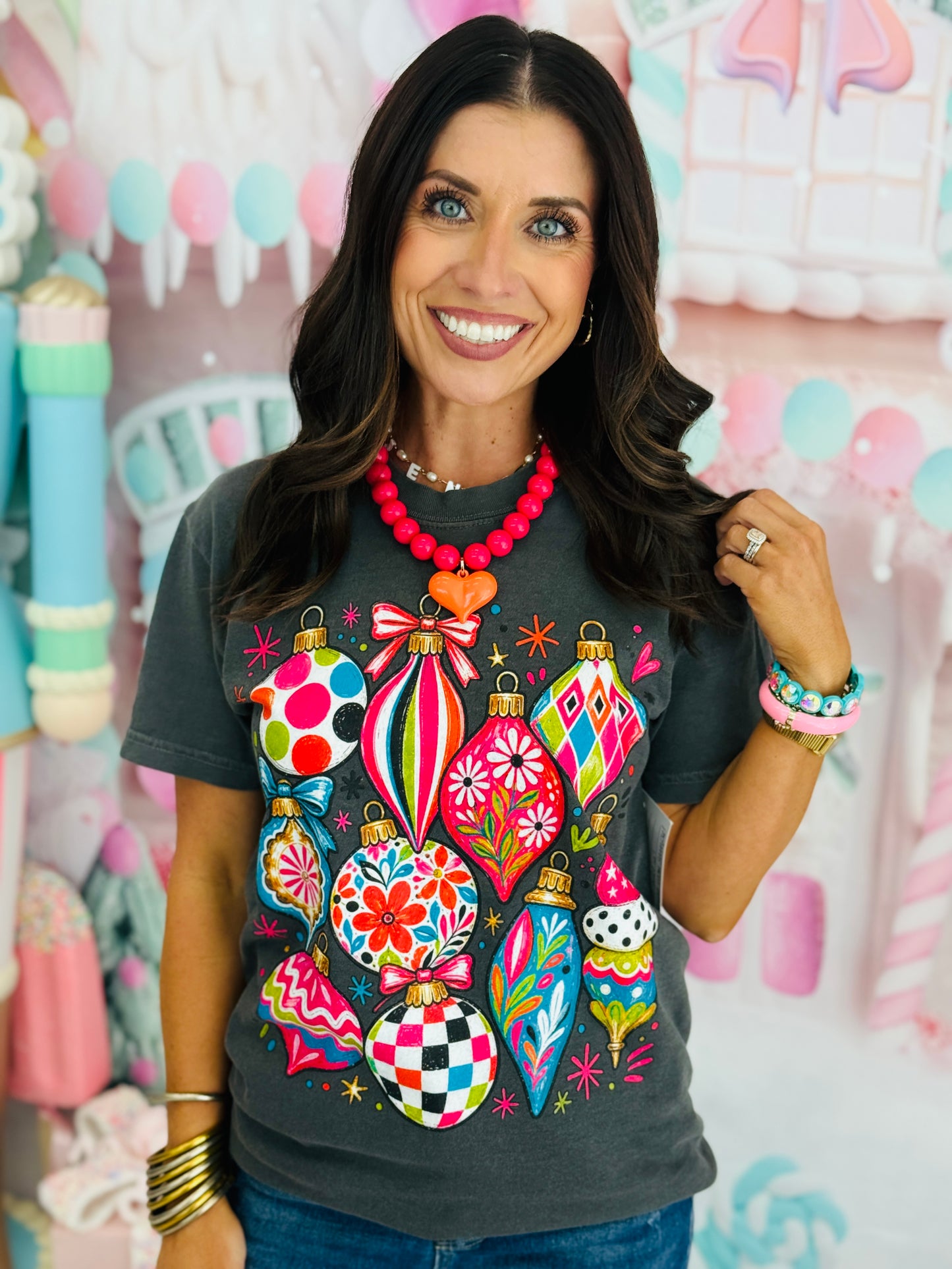Colorful Christmas Ornaments Graphic Tee (Reg. and Plus)