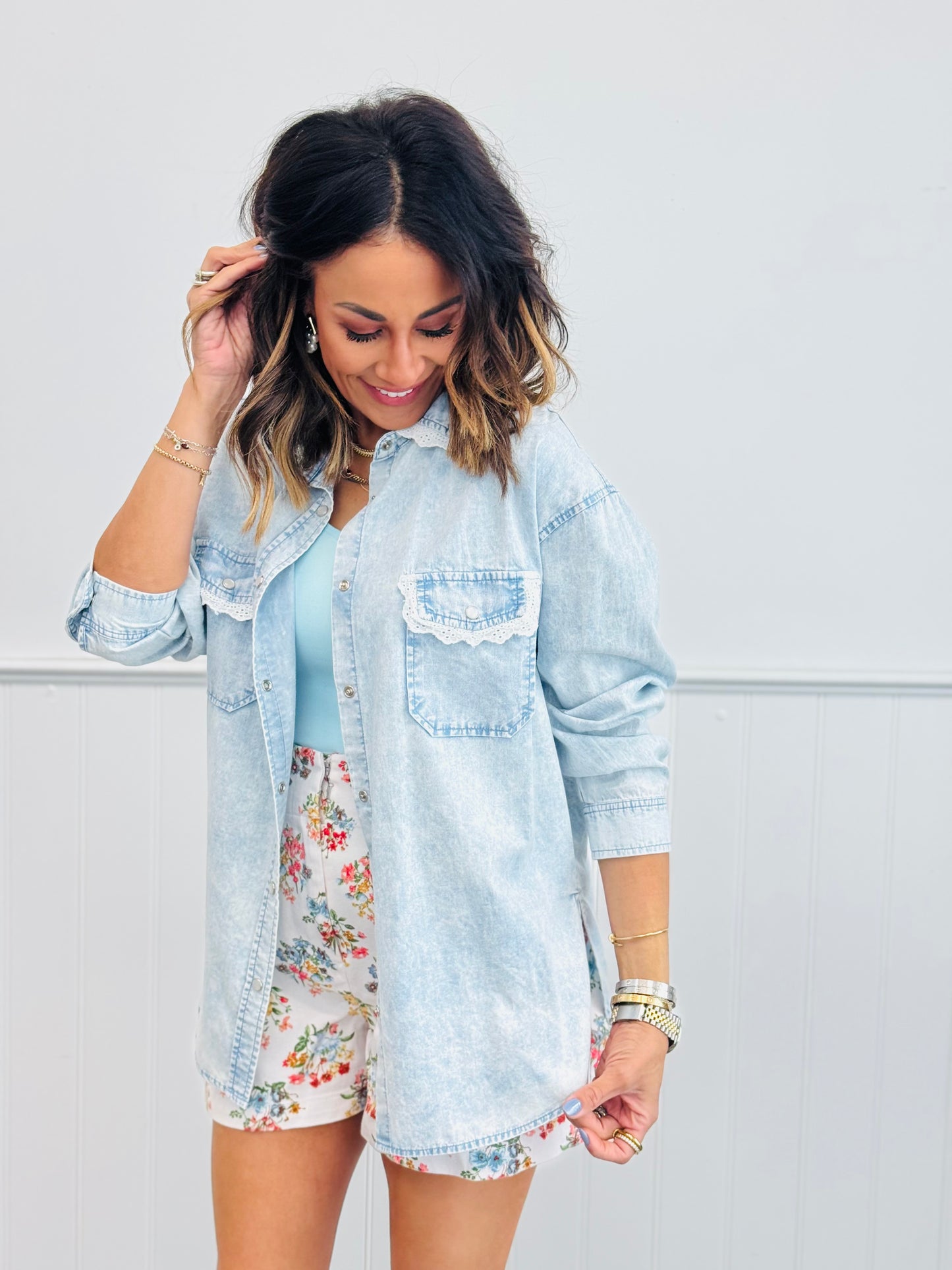 Light Denim Lace Trim Shirt (Reg. & Plus)