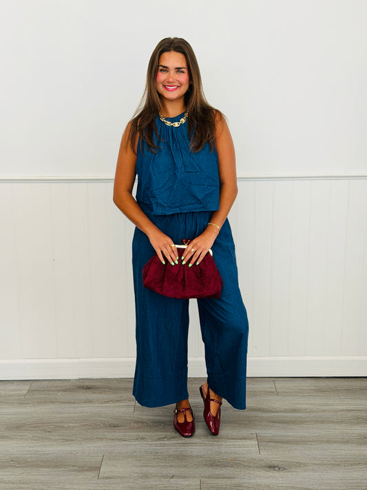 Dark Denim Popover Sleeveless Jumpsuit (Reg & Plus)