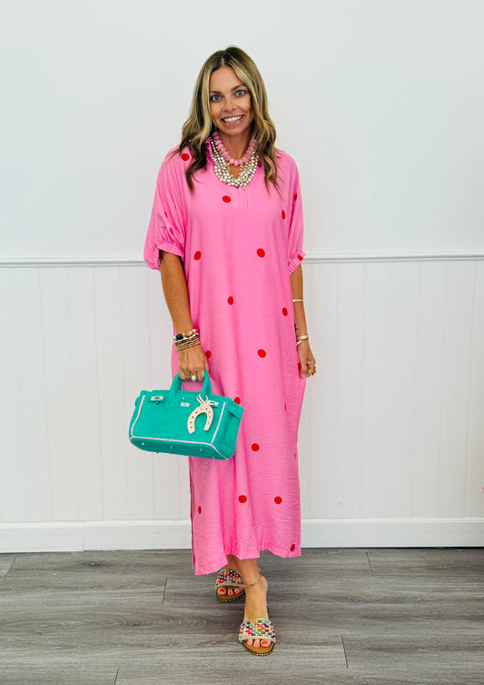 Pink Polka Dot Side Sit Midi Dress (Reg.)