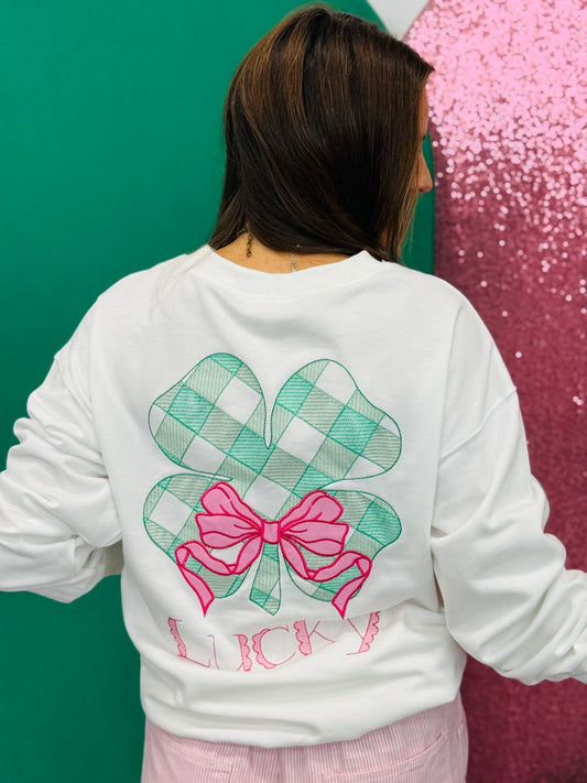 White Embroidered & Checker Lucky Clover Sweatshirt (Reg.)