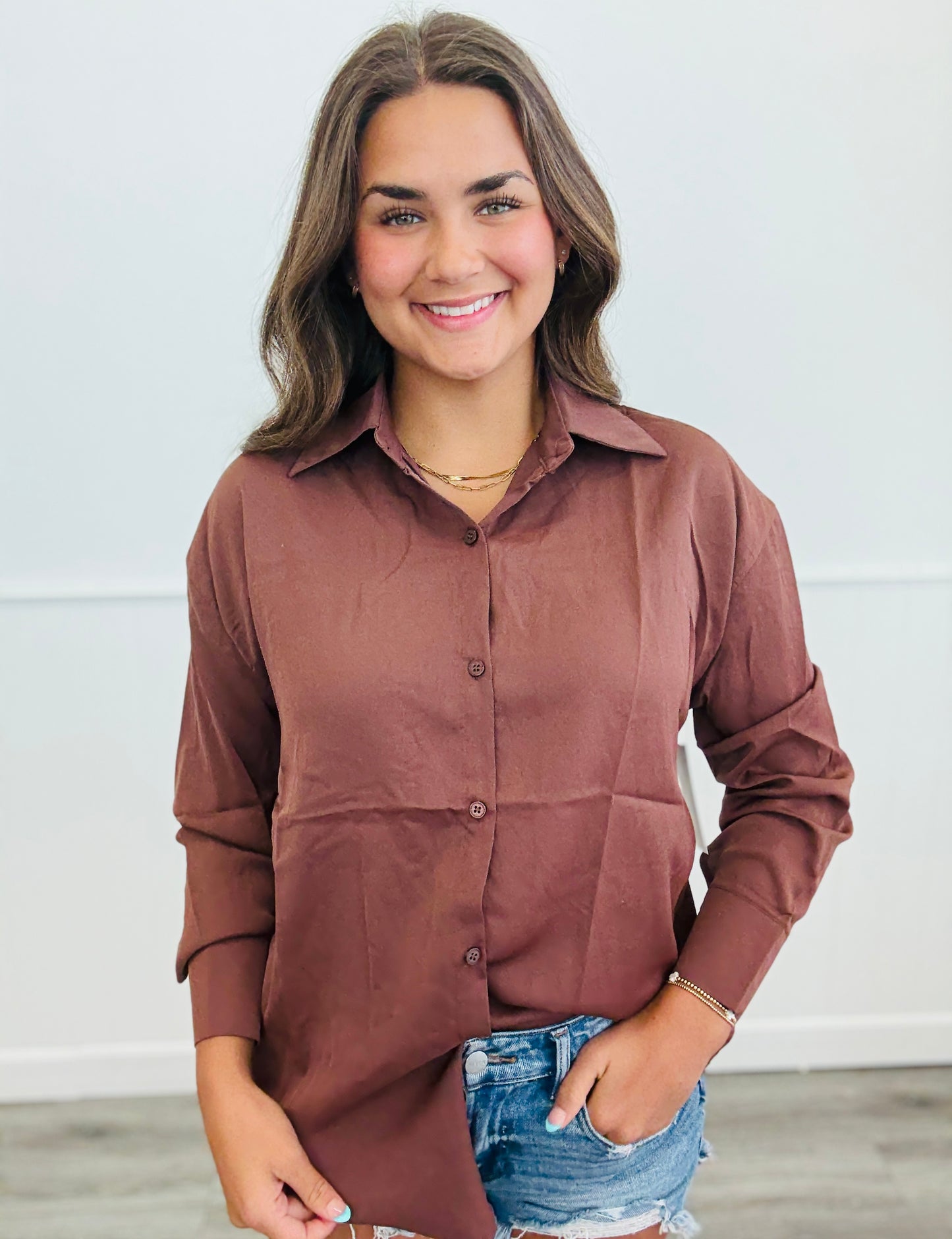 Brown Kathryn Classic Button Down Up (Reg. & Plus)
