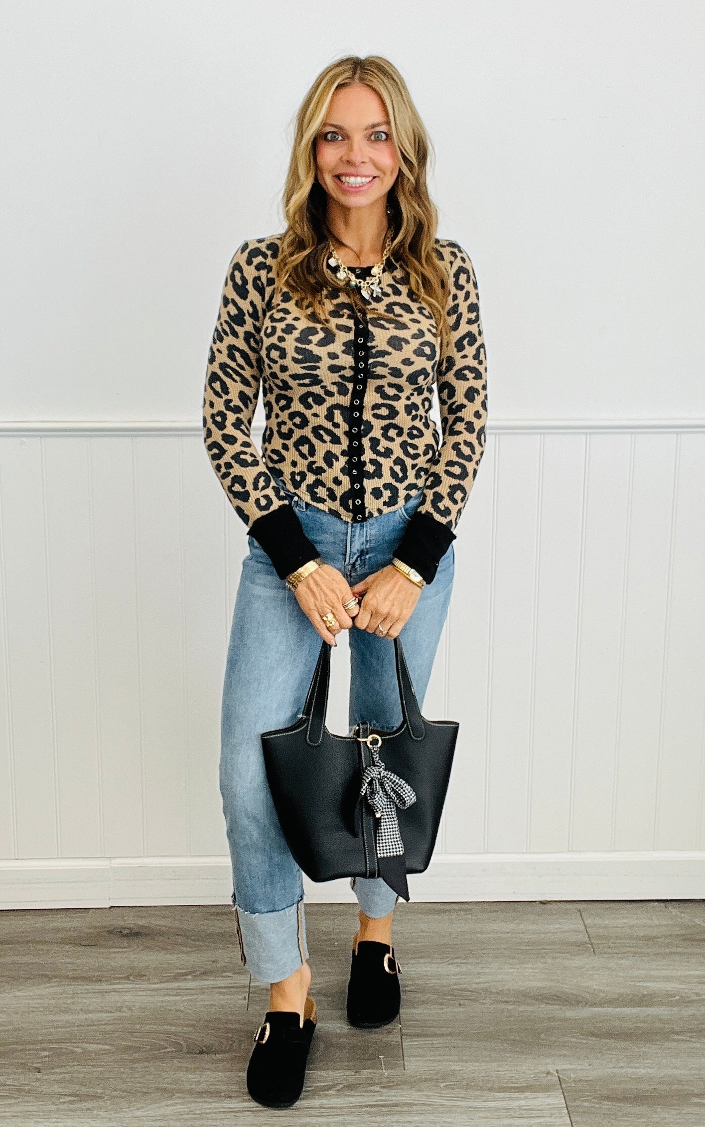 Taupe Leopard Snap Button Down Top (Reg. and Plus)