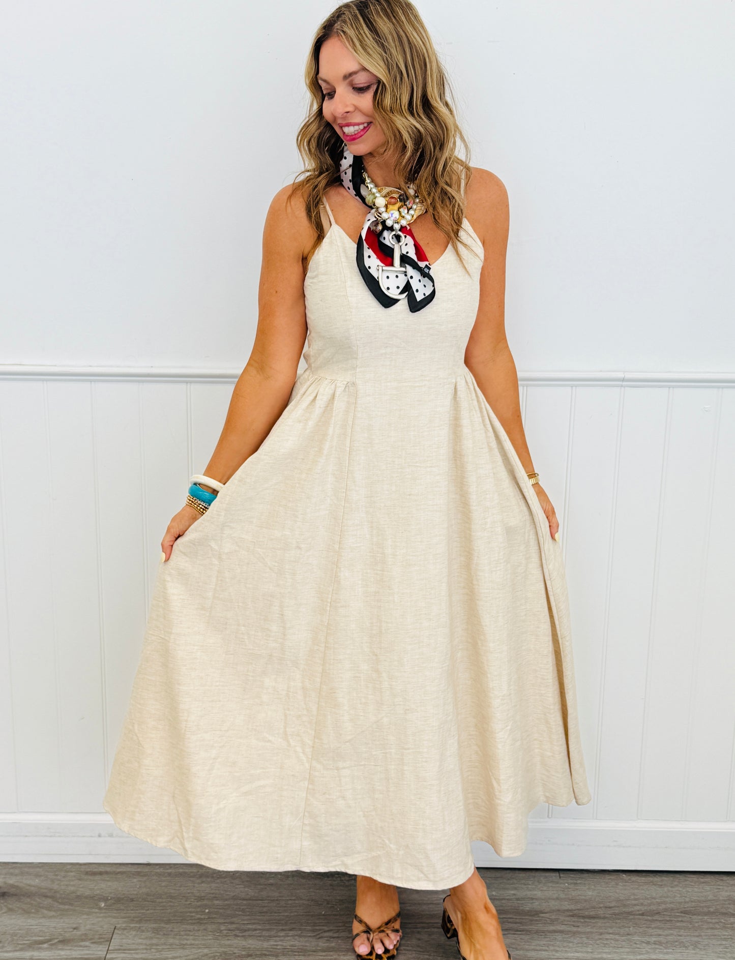 Beige Strappy Midi Dress (Reg. and Plus)