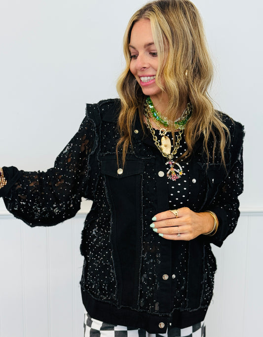 Black Rhinestone Lace Button Up Shacket (Reg. and Plus)