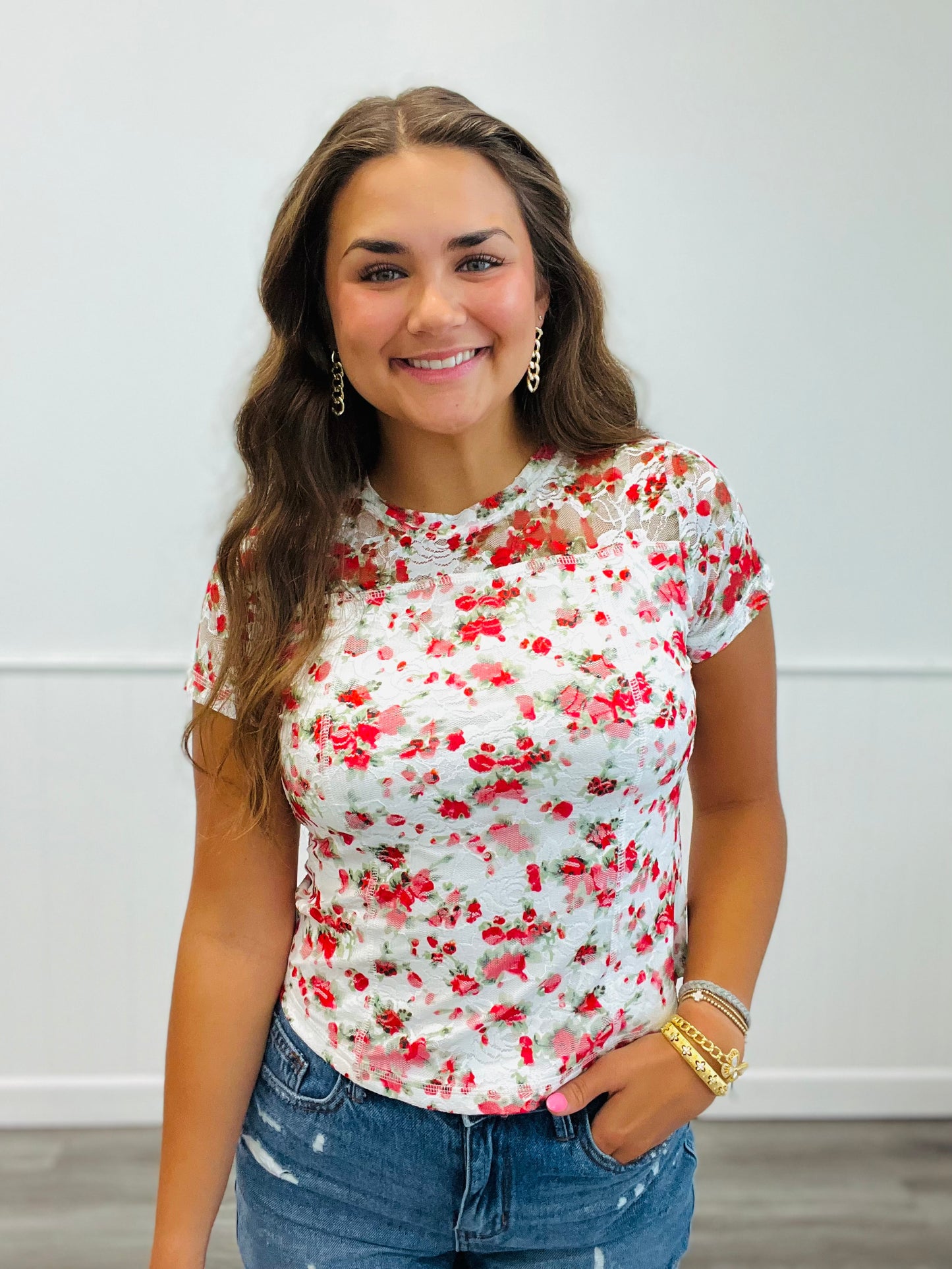White Multi Floral Layered Mesh Top (Reg & Plus)
