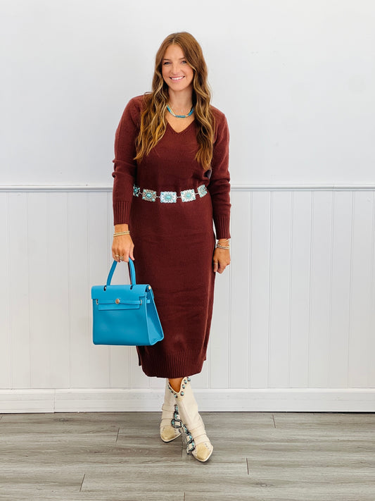 Chocolate V-Neck Midi Sweater Dress (Reg & Plus)