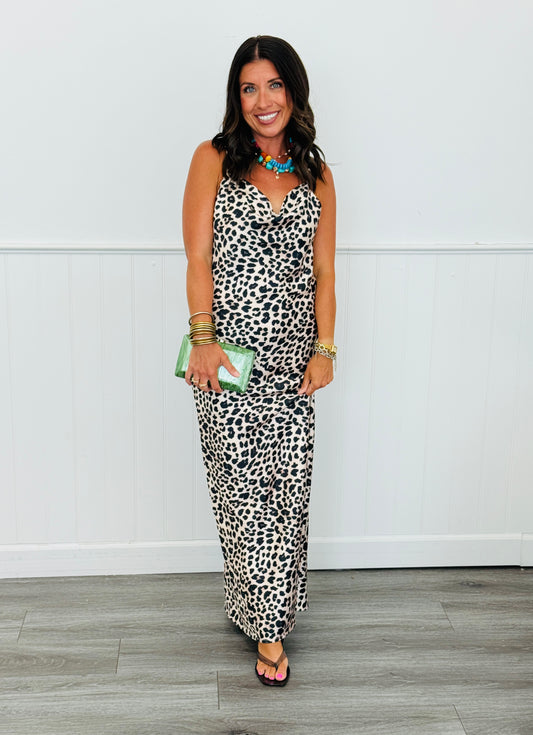 Leopard Satin Cowl Neck Maxi Dress (Reg)
