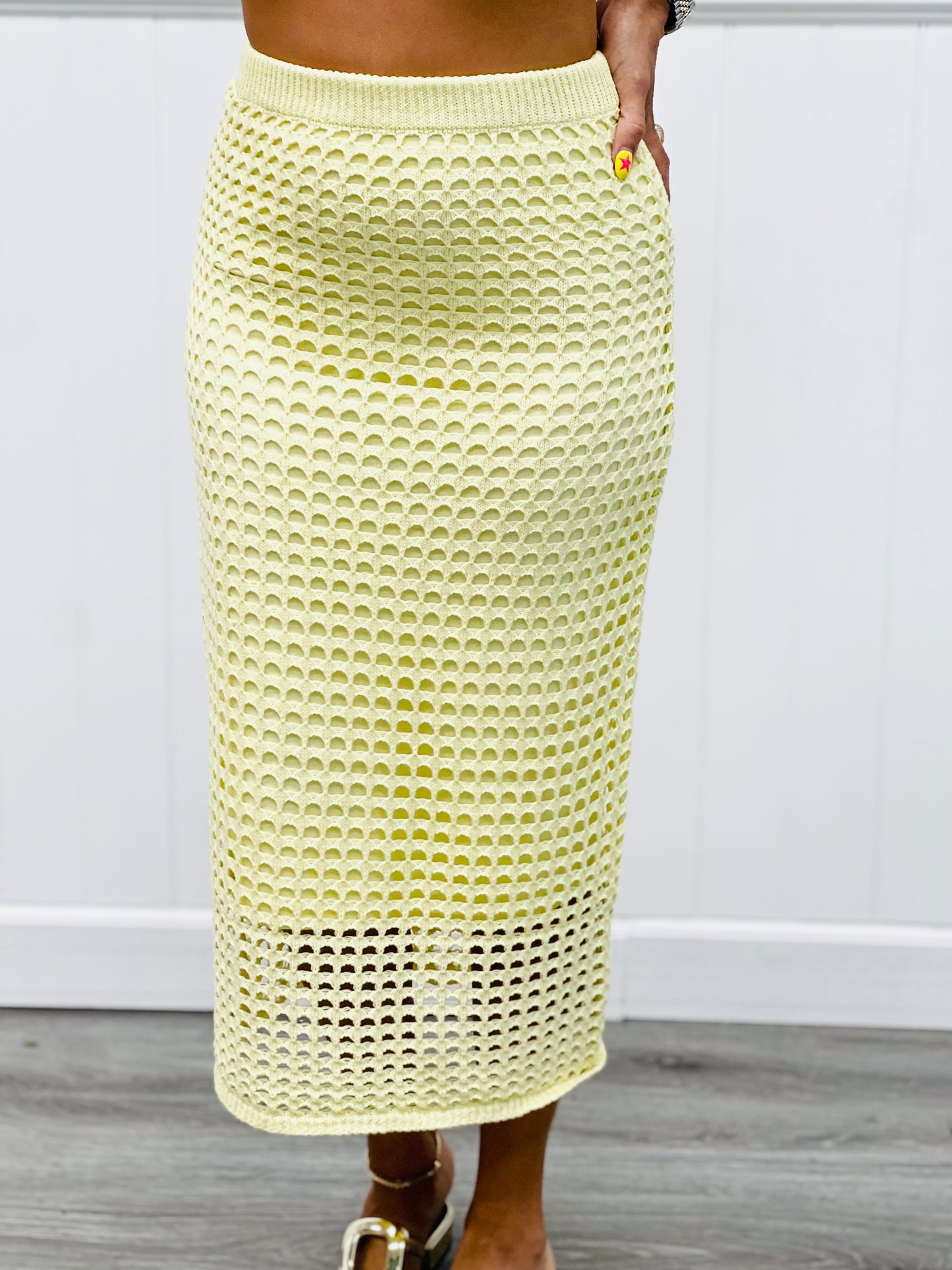 Lemon Open Knit Sleeveless Top & Midi Skirt Set (Reg.)