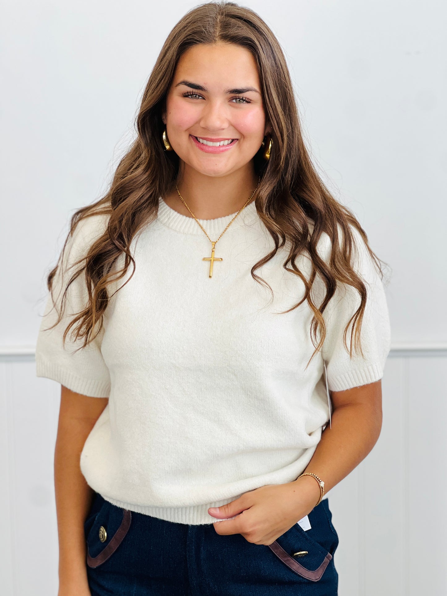 Ivory Mist Short Sleeve Sweater Top (Reg & Plus)