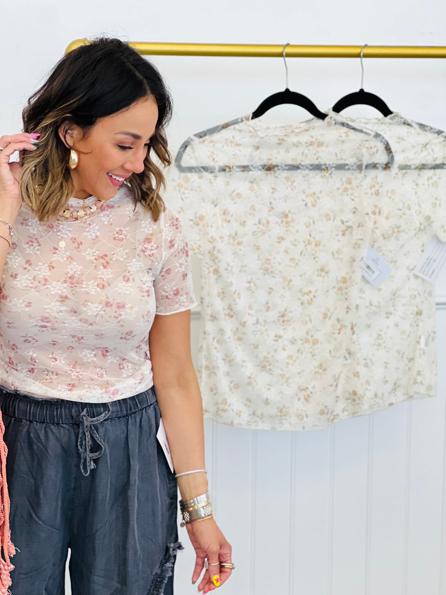 Short Sleeve Floral High Neck Mesh Top (Reg & Plus)-3 Colors