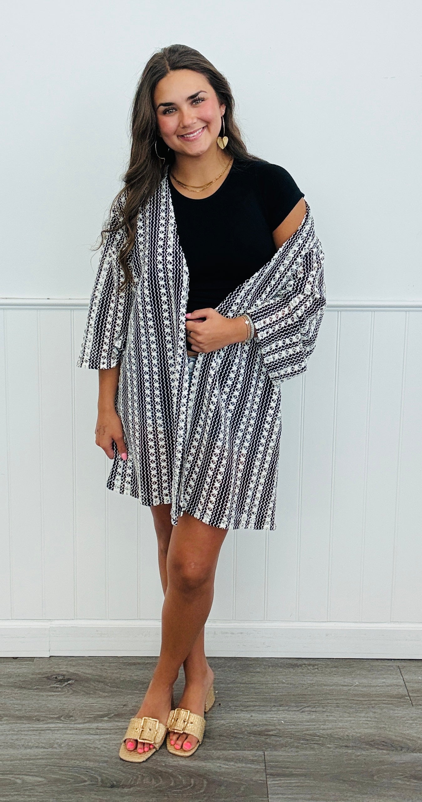 Black/White Knit Patterned Cardigan (One Size & Plus)