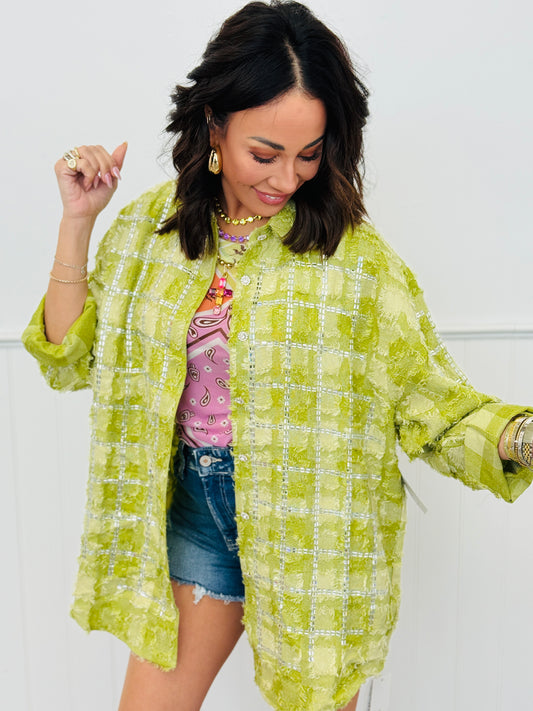 Green Rhinestone Embellished Button Up Top (One Size)