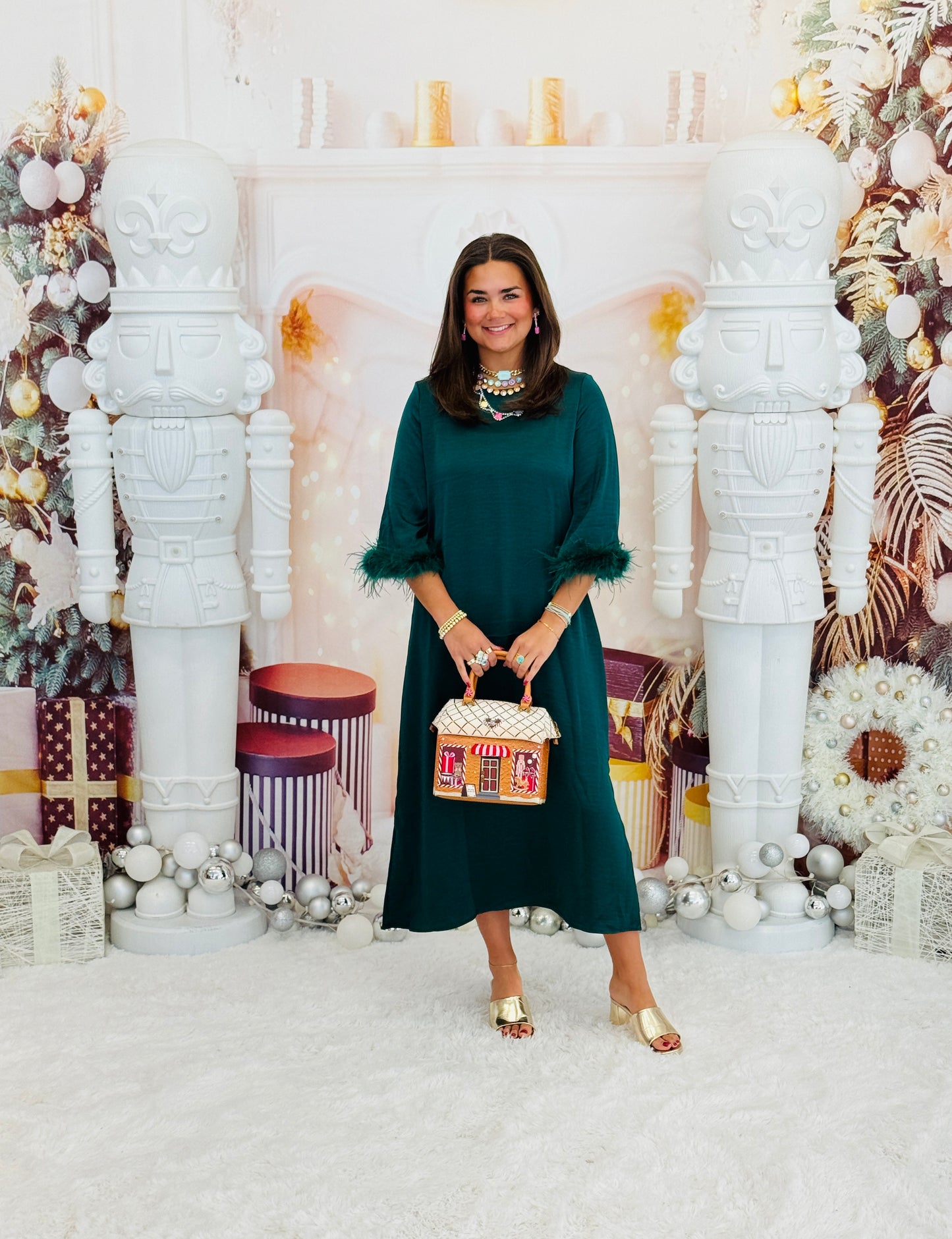 Hunter Green Satin Fur Trim Midi Dress (Reg.)