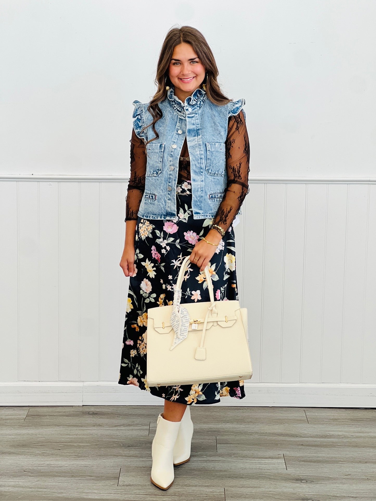 Black/Yellow Floral Satin Midi Skirt (Reg. and Plus)