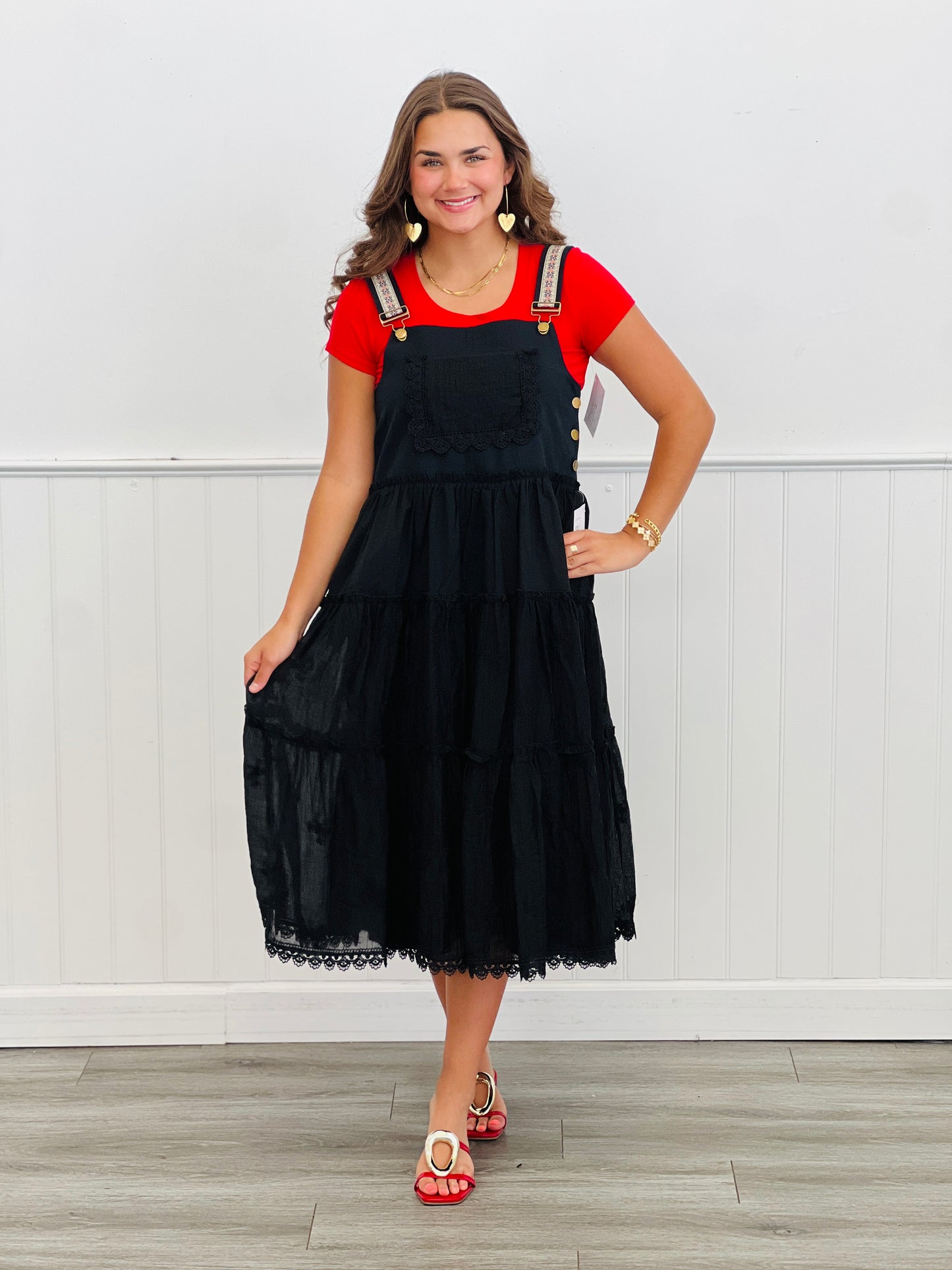 Black Embroidered Lace Pinafore Midi Dress (Reg & Plus)