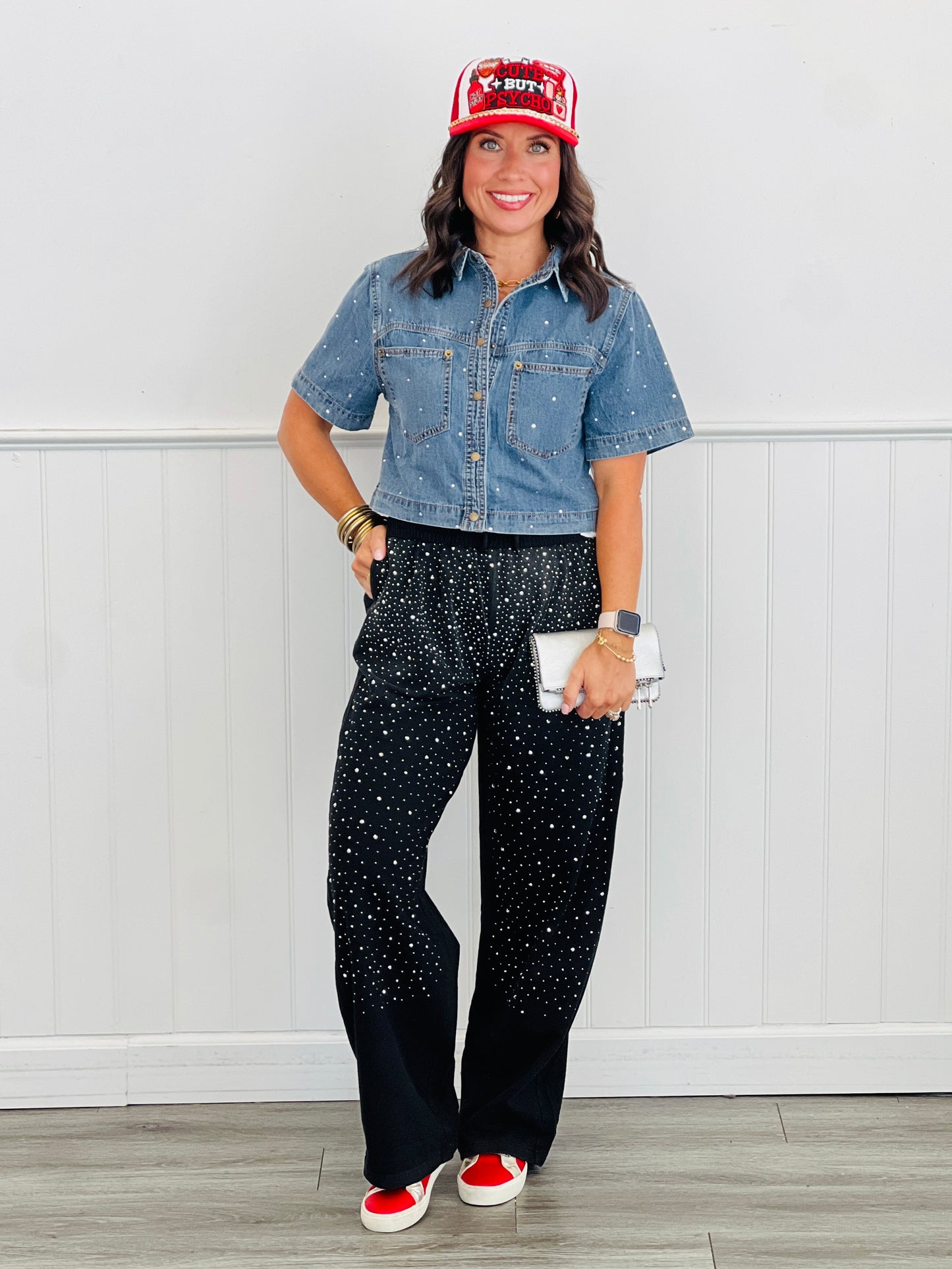 Black Rhinestone Wide Leg Pants (Reg. and Plus)