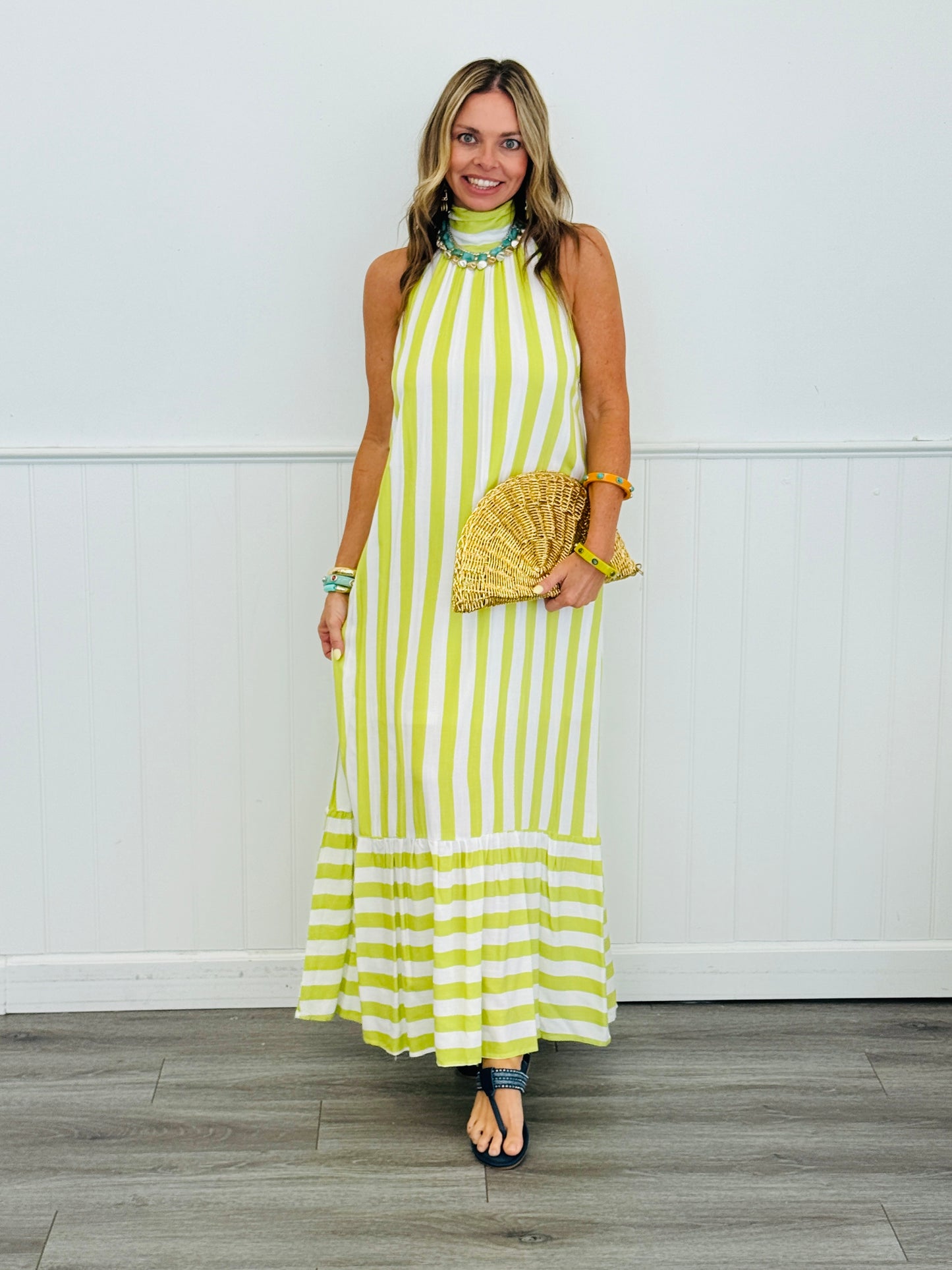 Lime Striped Halter Neck Maxi Dress (Reg.)