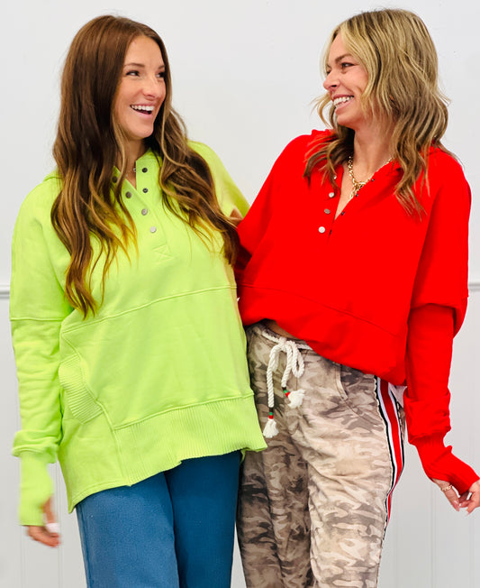 Washed Half Button Hoodie Sweatshirt (Reg.)-2 Colors