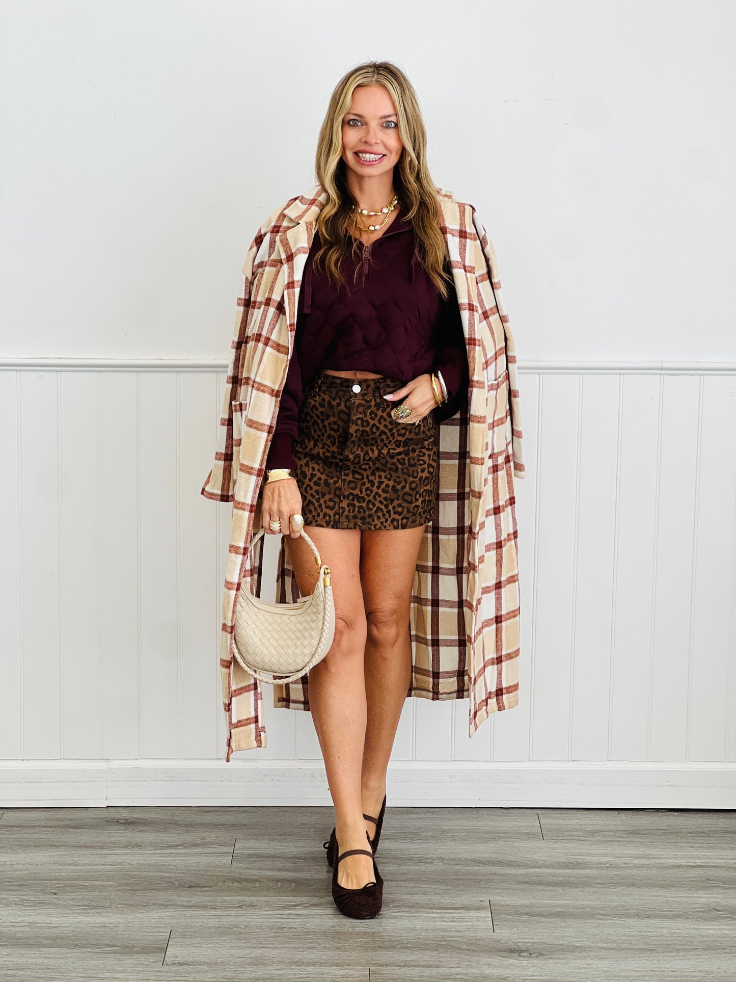 Dark Cherry Quilted Quarter Zip Up Hoodie Jacket (Reg.)