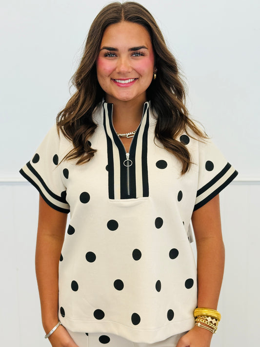 Oatmeal Polka Dot Half Zip Short Sleeve Top (Reg.)