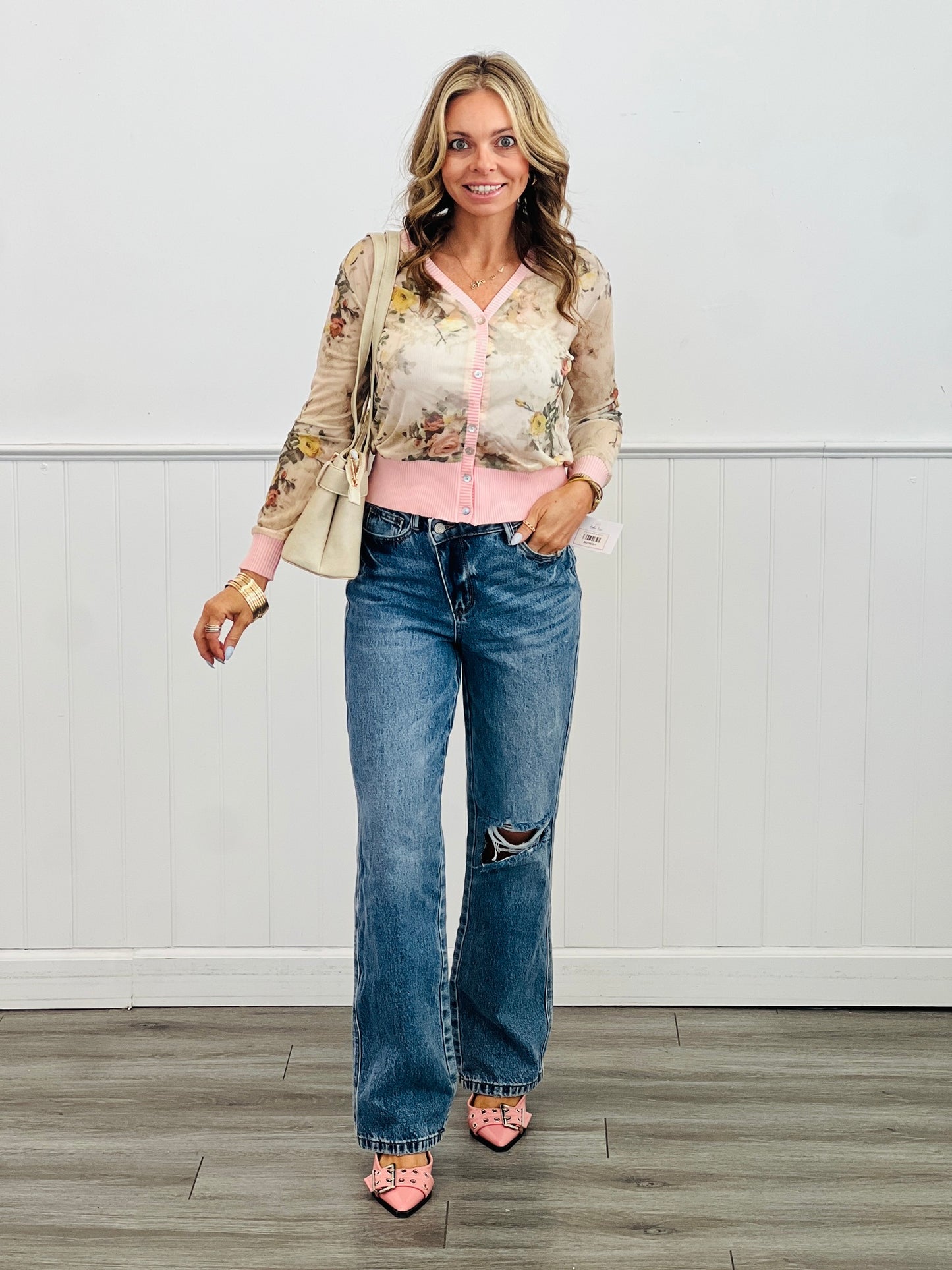 Relaxed Fit Floral Sheer Button Down Cardigan (Reg. and Plus)