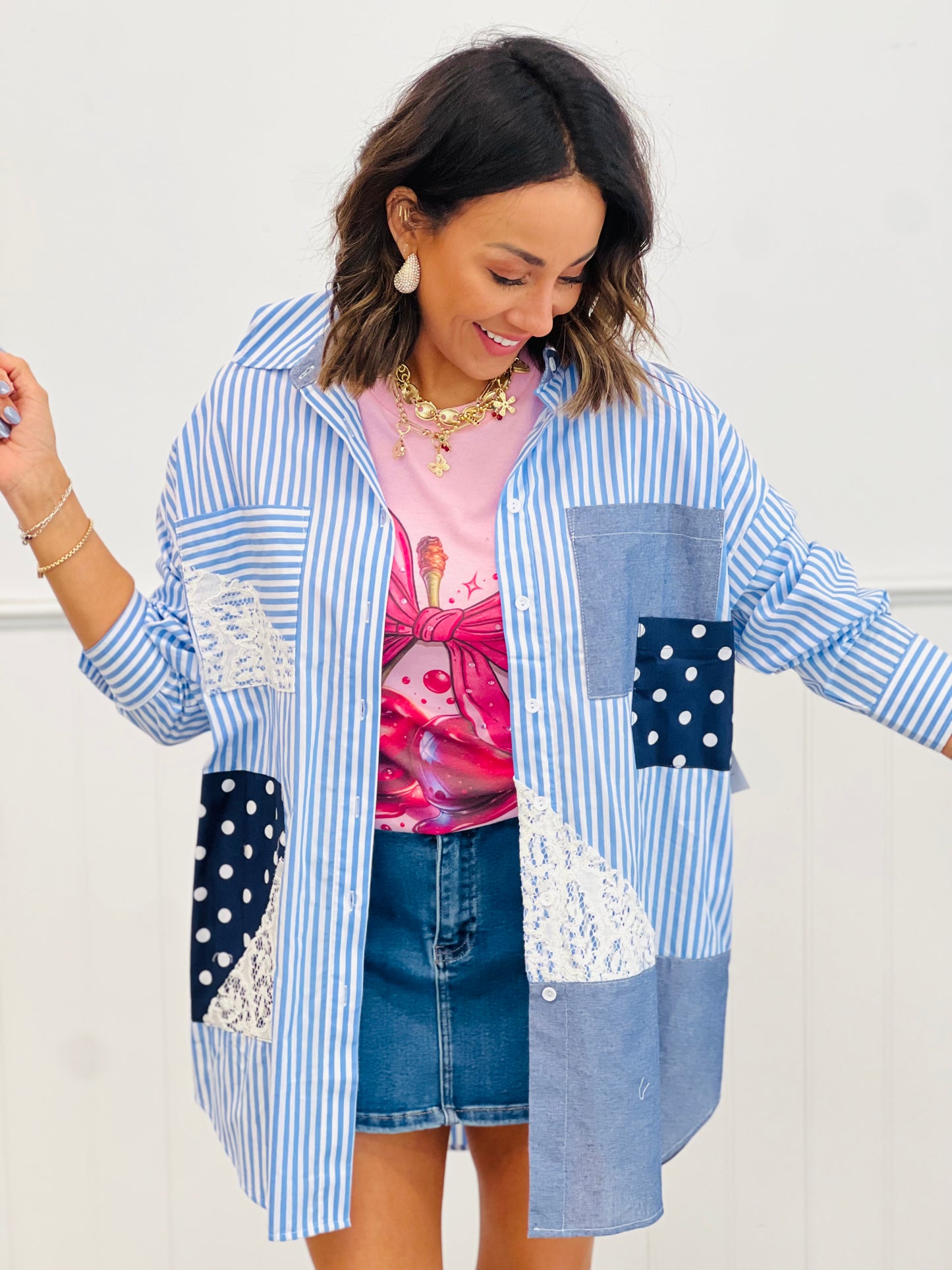 Blue Multi Mixed Pattern Button Up Top (Reg. and Plus)