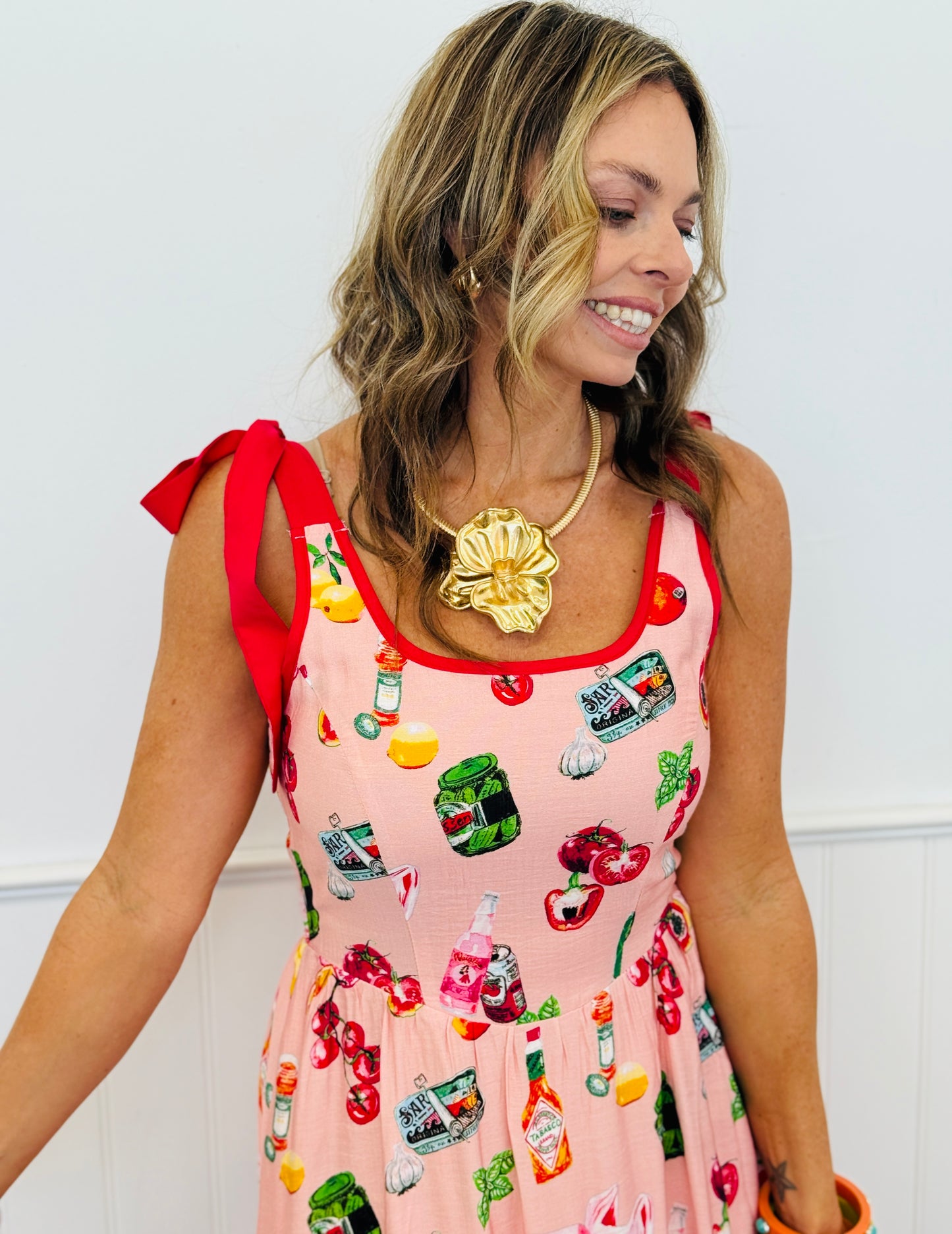 Peach Pink Fruit & Food Print Maxi Dress (Reg.)