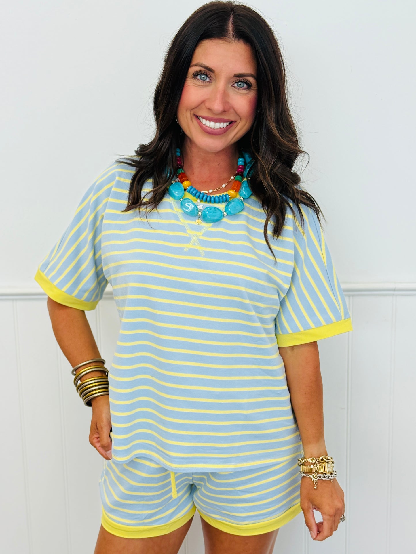 Blue Striped Contrast Top & Shorts Set (Reg.)