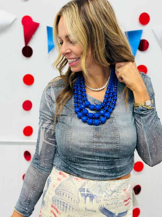 Denim Rhinestone Mesh LS Top (Reg. and Plus)